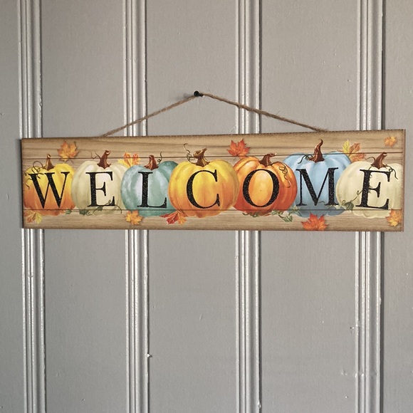 NWT Stunning Colorful Pumpkins Black Glittered Wooden Welcome Decoration Sign - Picture 9 of 17